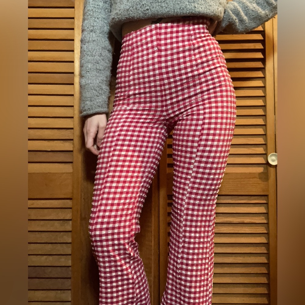 Ganni Red and White Checkered Flare Stretch Pants